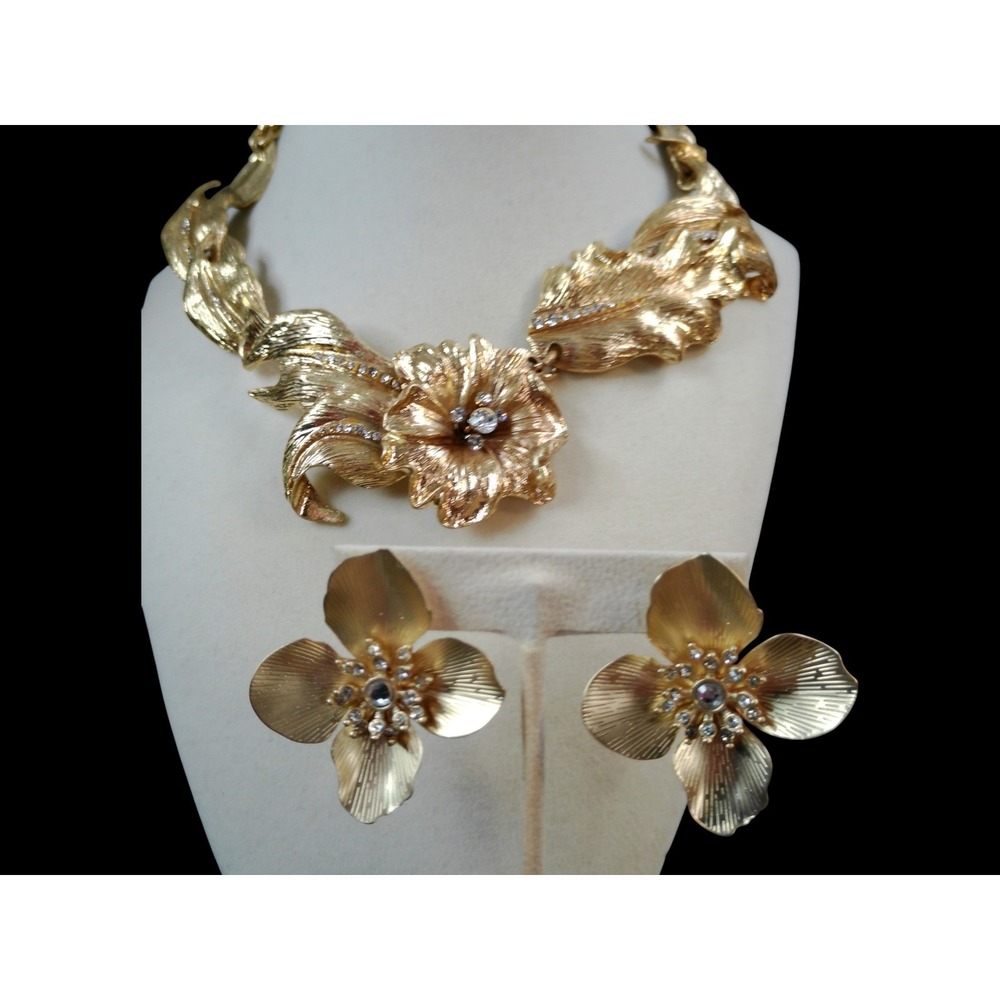 Zara Gold Tone Embellished Flower Statement Necklace and Earring Set